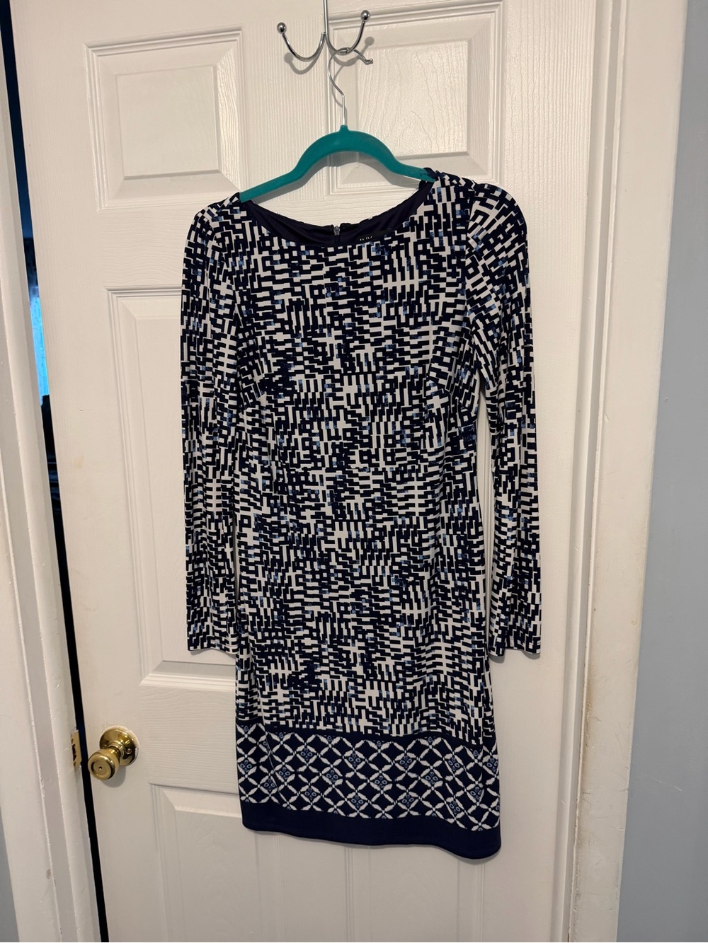 Jones New York Navy Geometric Print Dress Long Sleeve Size 2